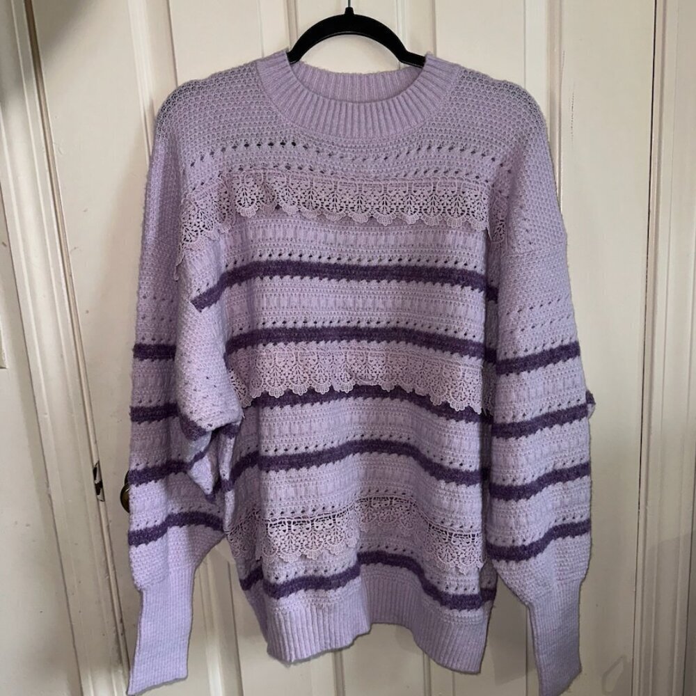 Purple Fringe Chunky Knit Lace Sweater Striped Ribbed Oversized - Picture 13 of 14